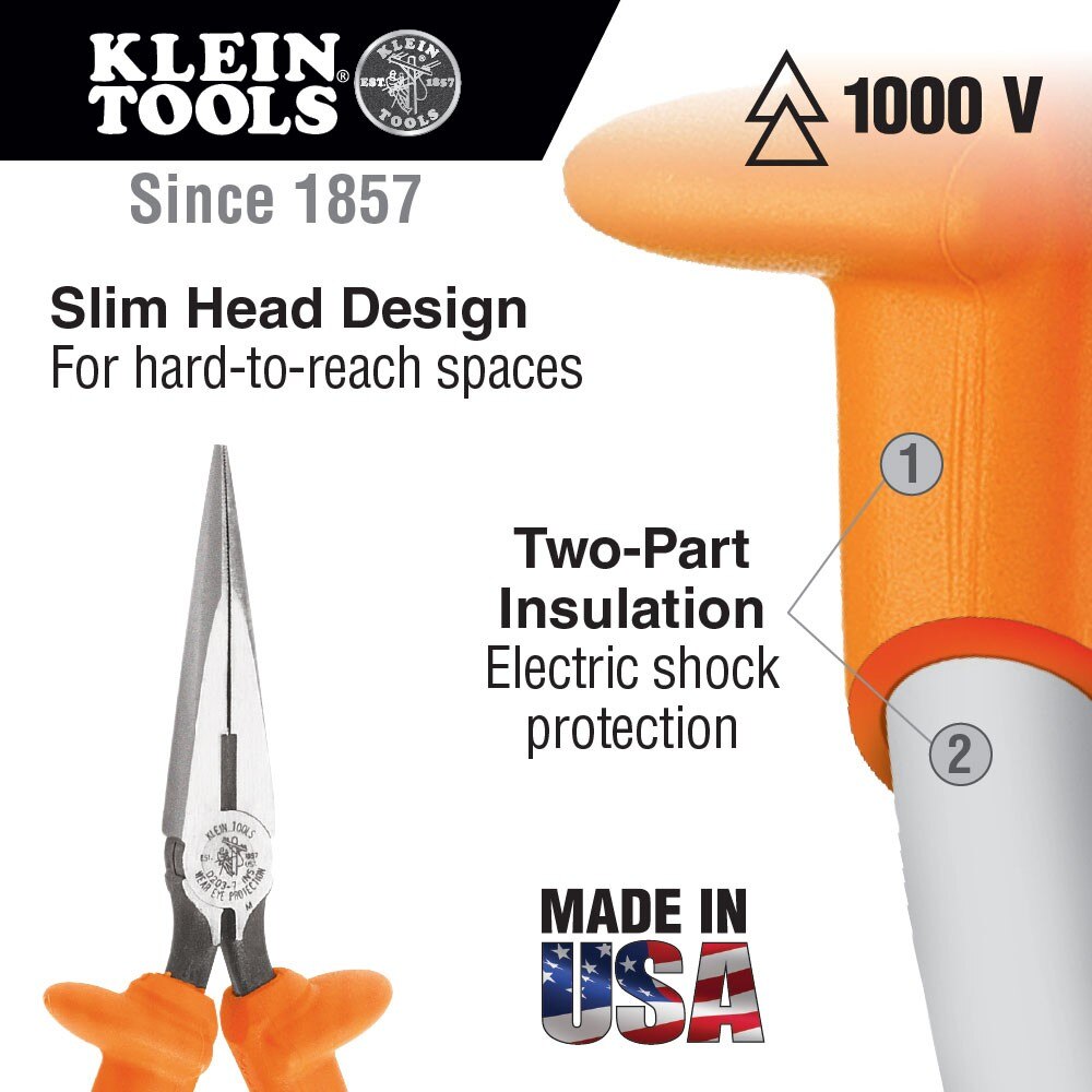 Klein Tools D203-7-INS Pliers, Long Nose Side-Cutters, Insulated, 7"