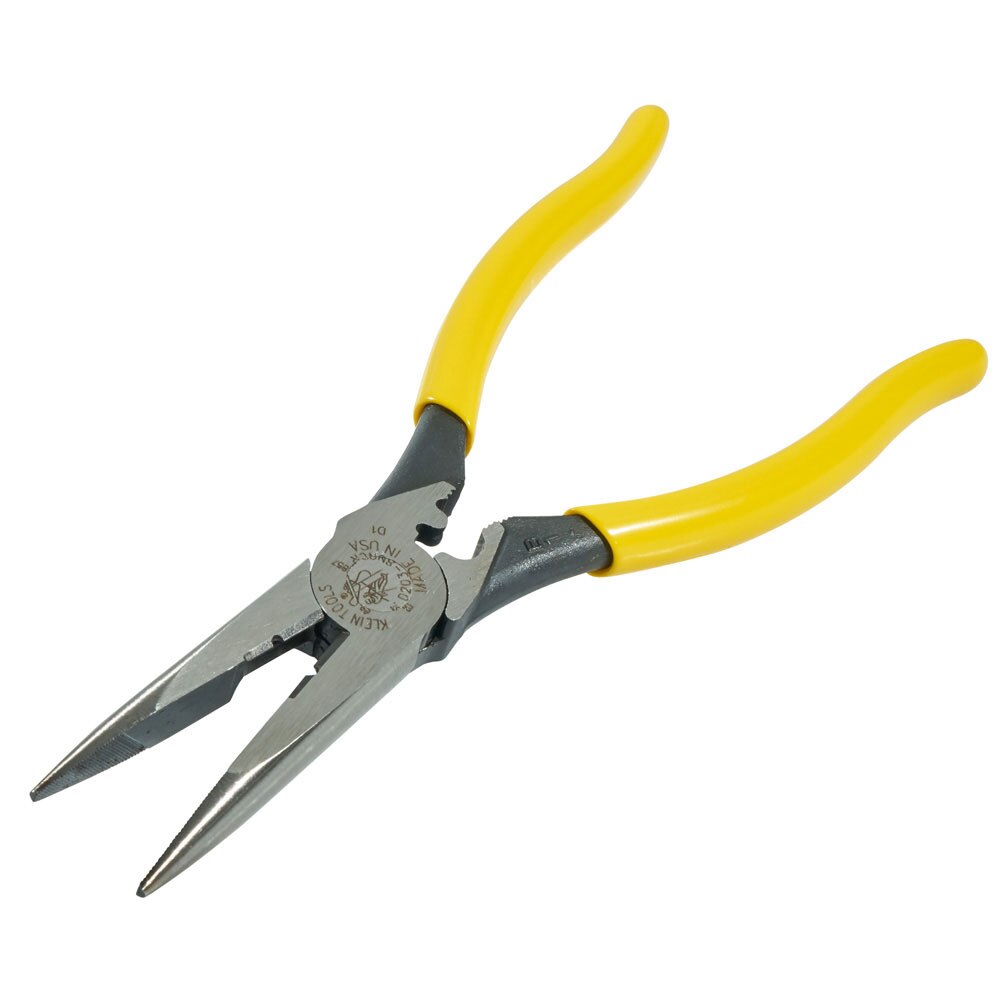 Klein Tools D203-8NCR Pliers, Long Nose Side Cutters, Strip/Crimp 8"