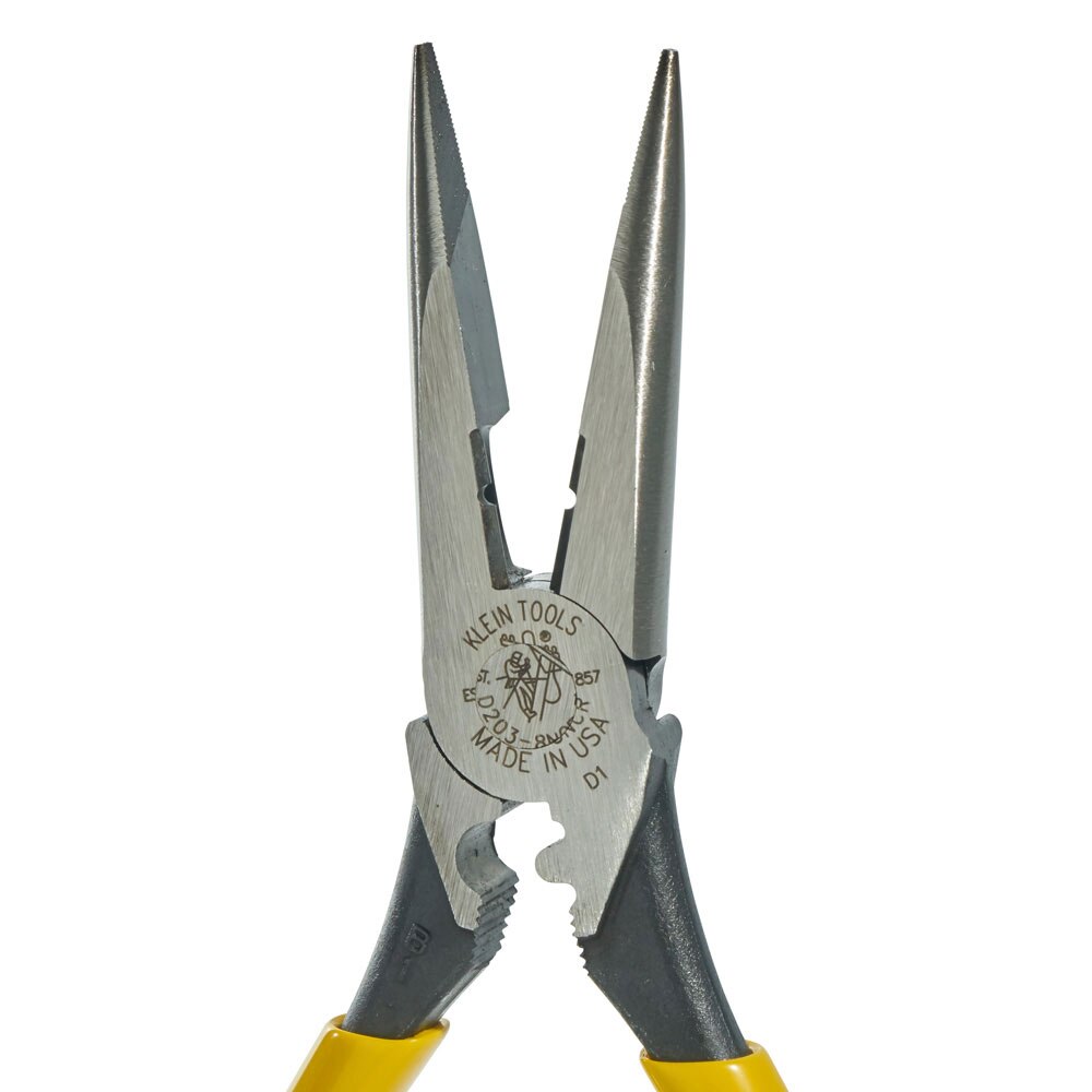 Klein Tools D203-8NCR Pliers, Long Nose Side Cutters, Strip/Crimp 8"
