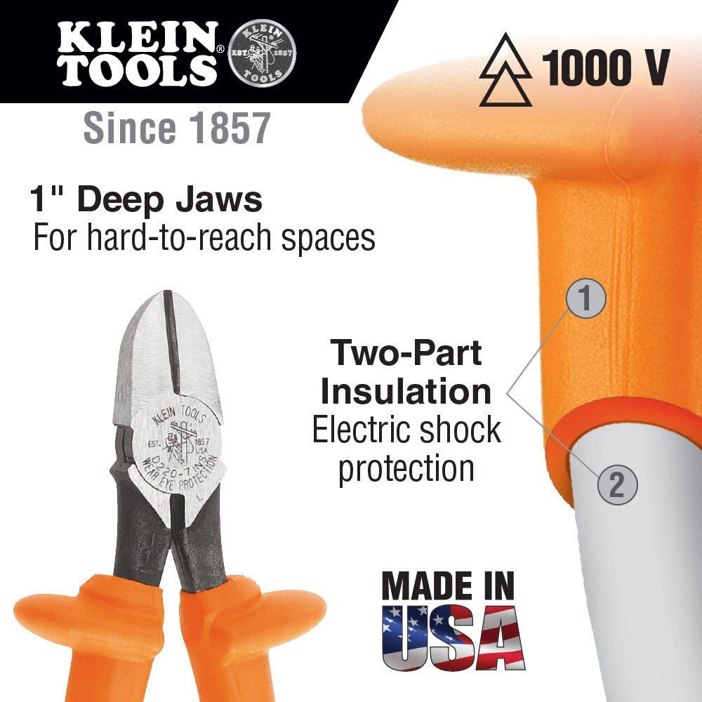 Klein Tools D220-7-INS Diagonal-Cutting Pliers, Insulated, Heavy-Duty, 7&quot;
