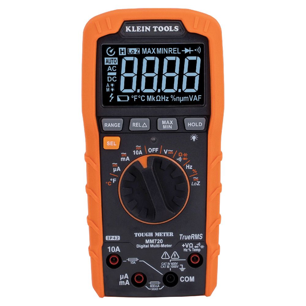 Klein MM720 Digital Multimeter, TRMS Auto-Ranging, 1000V, Temp, Low Impedance