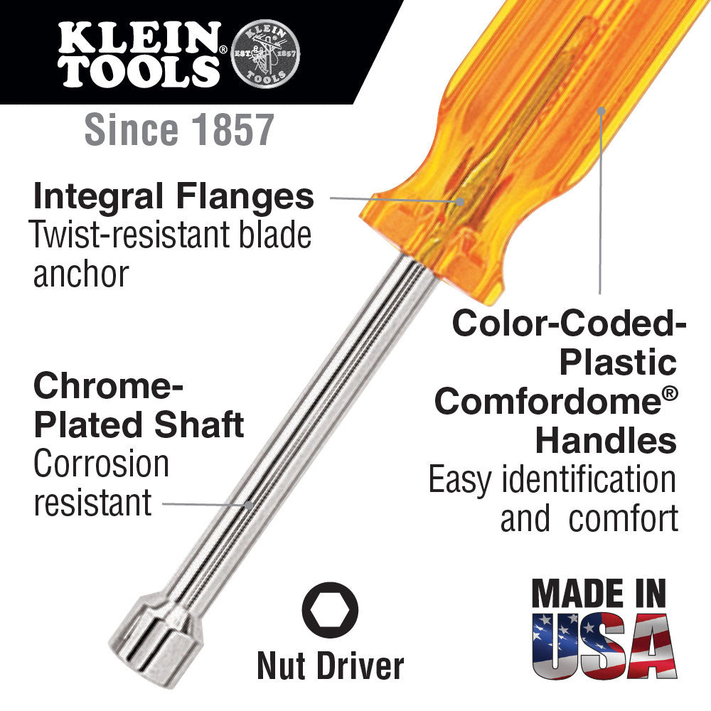 Klein Tools S6 3/16" Nut Driver, 3" Hollow Shaft, Plastic Handle