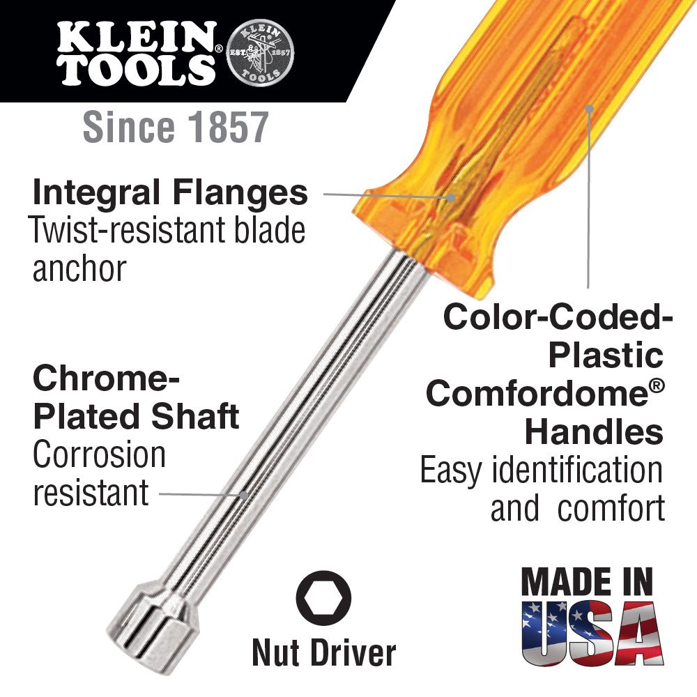 Klein Tools S8 1/4" Hollow Shaft Nut Driver, 3" Shaft