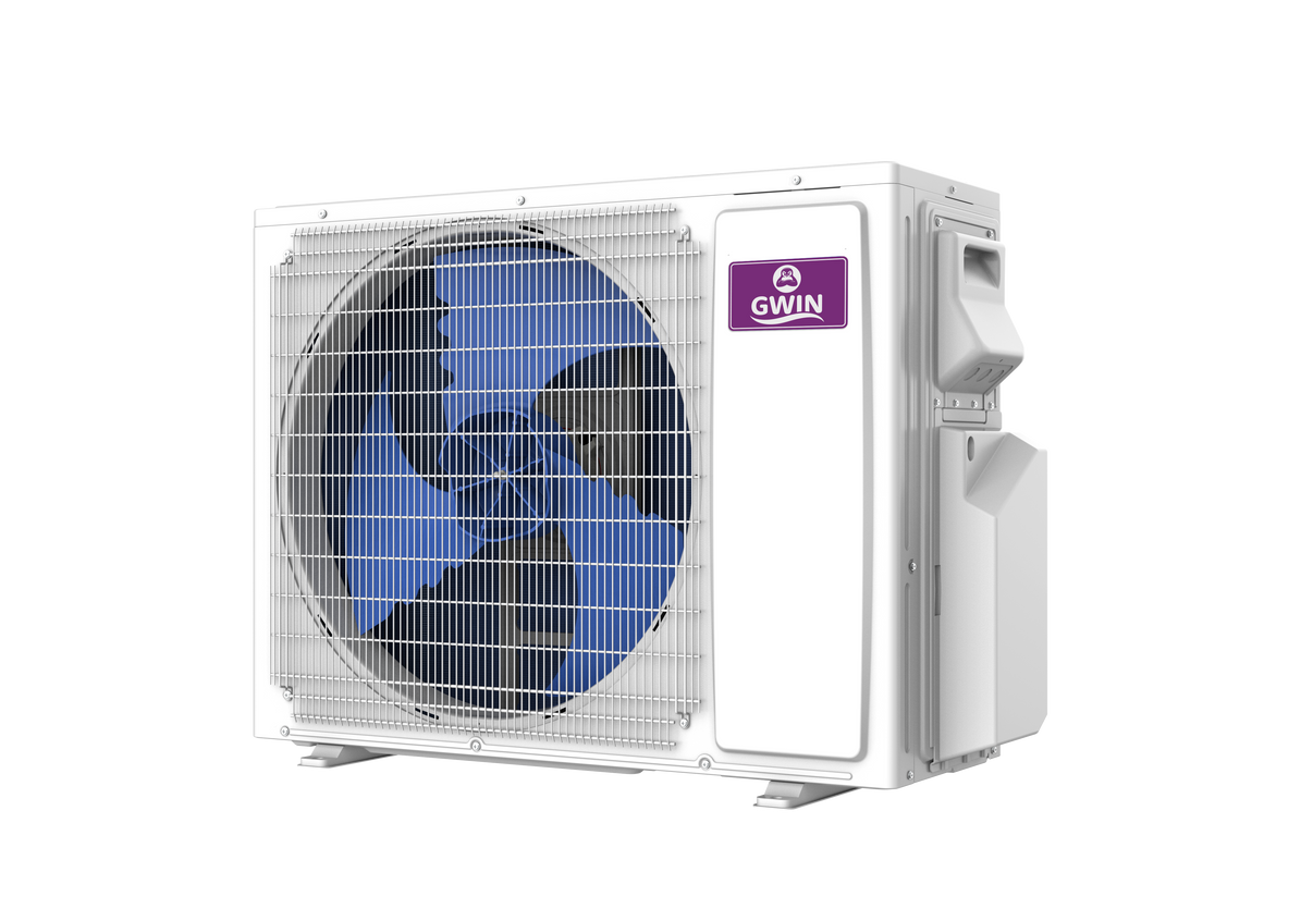 Left angle view of GWIN SEER 25 mini split condenser showing outdoor unit design and inverter heat pump system
