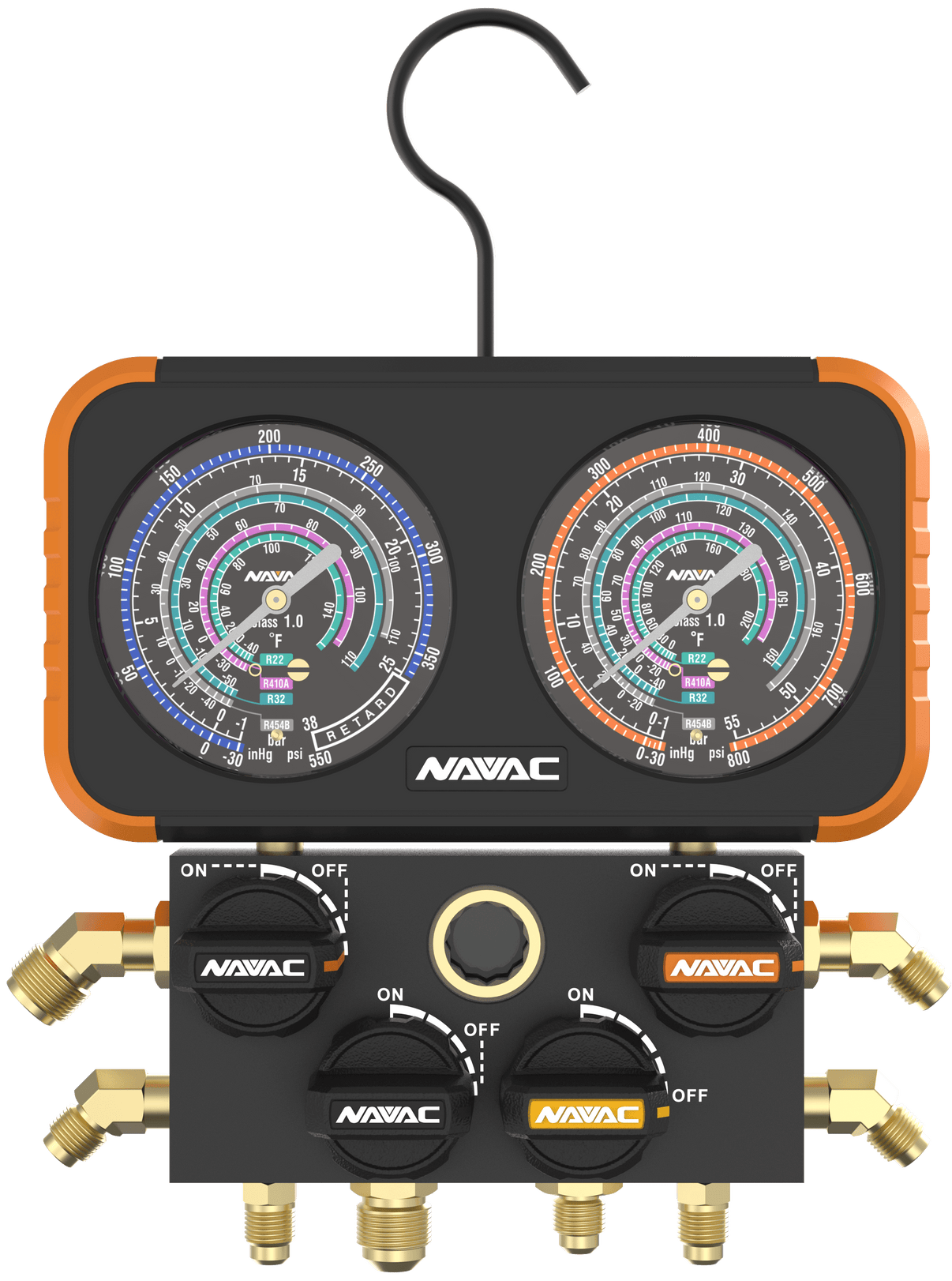 NAVAC N4A4B- 4-Valve Manifold Gauge, Impact-Resistant, optimized for wider applications