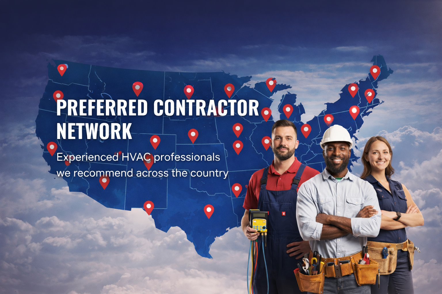 Map of preferred HVAC professionals recommended by Freedom HVAC Supply across the United States